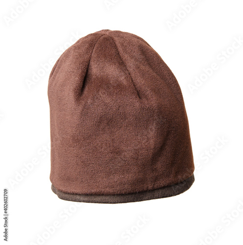 brown acrylic winter hat isolated on white background