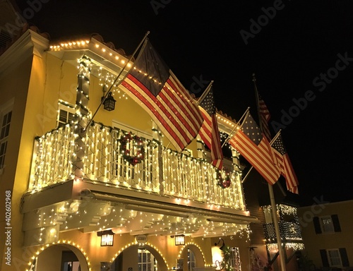Christmas, holiday, lights on house, patriotic