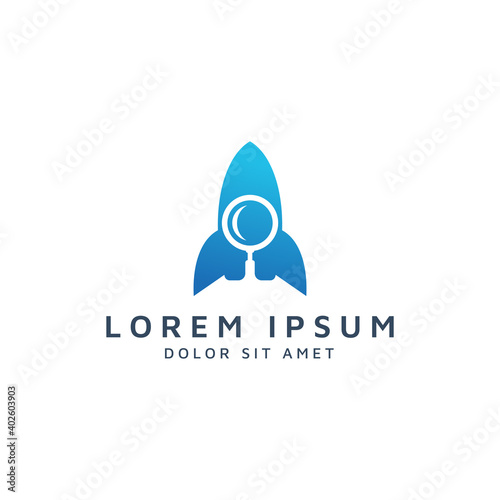 rocket and magnifying glass negative space logo design
