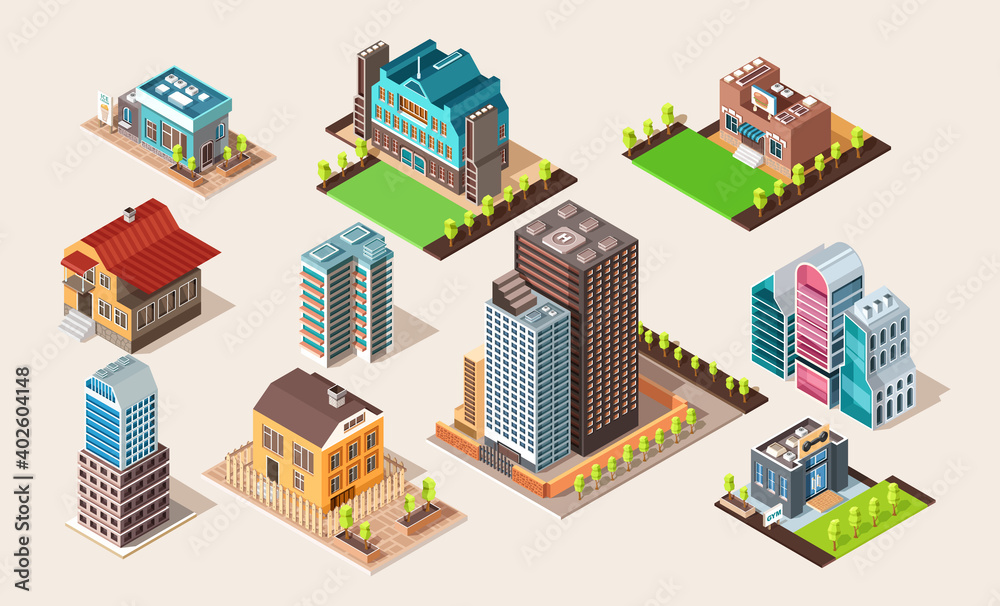 Isometric Building City Real Estate. Public Building icon Collection Luxury Hotel Garden. Isometric Tiles. 3d Urban Map Illustration Elements Set Business Vector Game