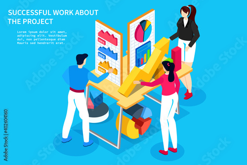 Sales Lead boardroom brainstorm flat 3d isometric office. People discuss project in executive meeting. Public Worldwide Event Conference.