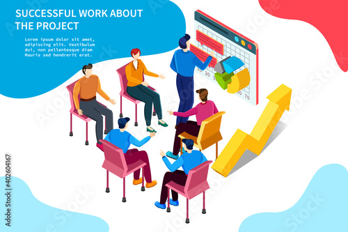 Sales Lead boardroom brainstorm flat 3d isometric office. People discuss project in executive meeting. Public Worldwide Event Conference.