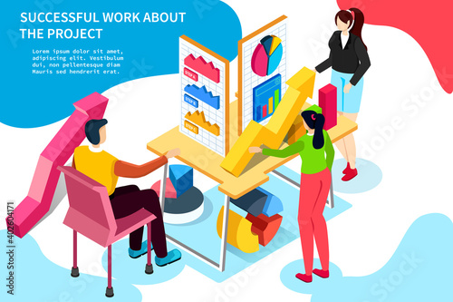 Sales Lead boardroom brainstorm flat 3d isometric office. People discuss project in executive meeting. Public Worldwide Event Conference.
