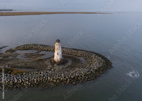 Aerial view of the Cockspur Island Lighthouse near Tybee Island, Georgia, USA. photo