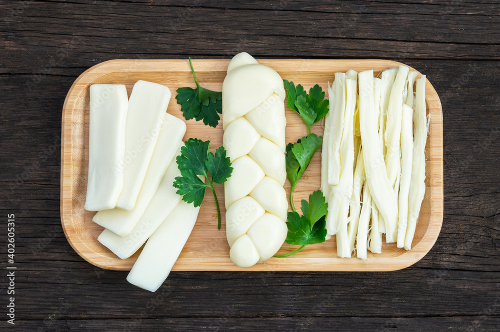 Traditional various cheeses, string, knitted and cecil cheese, turkish  delicatessen concept Stock Photo | Adobe Stock