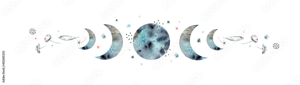 Creative watercolor illustration with full moon and crescents, stars, feathers, flowers, poppies and other decorative elements in abstract style on a white background. For print, astrology and more. Creative watercolor illustration with full moon and crescents, stars, feathers, flowers, poppies and other decorative elements in abstract style on a white background. For print, astrology and more.