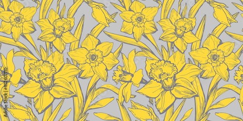 Yellow Illuminating Closeup Narcissus Drawn by Hand on Ultimate Grey Background. Floral realistic seamless pattern with silhouettes of daffodil flowers in full bloom for textile, wallpaper, bedding.