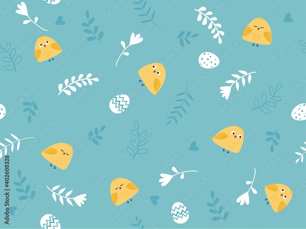 Seamless pattern with Easter and spring elements: flowers, chiks, birds, eggs Seamless pattern with Easter and spring elements: flowers, chiks, birds, eggs
