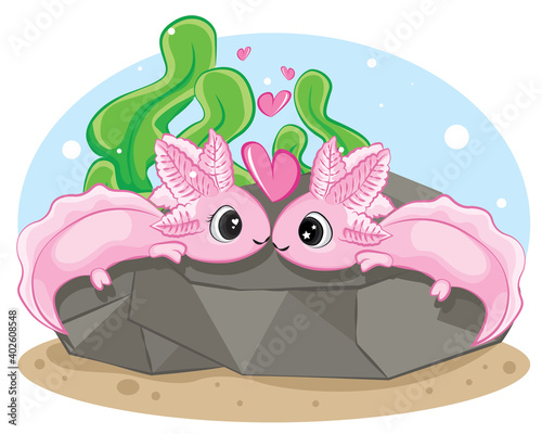 Couple Axolotl  Ambystoma mexicanum . Valentines day card.