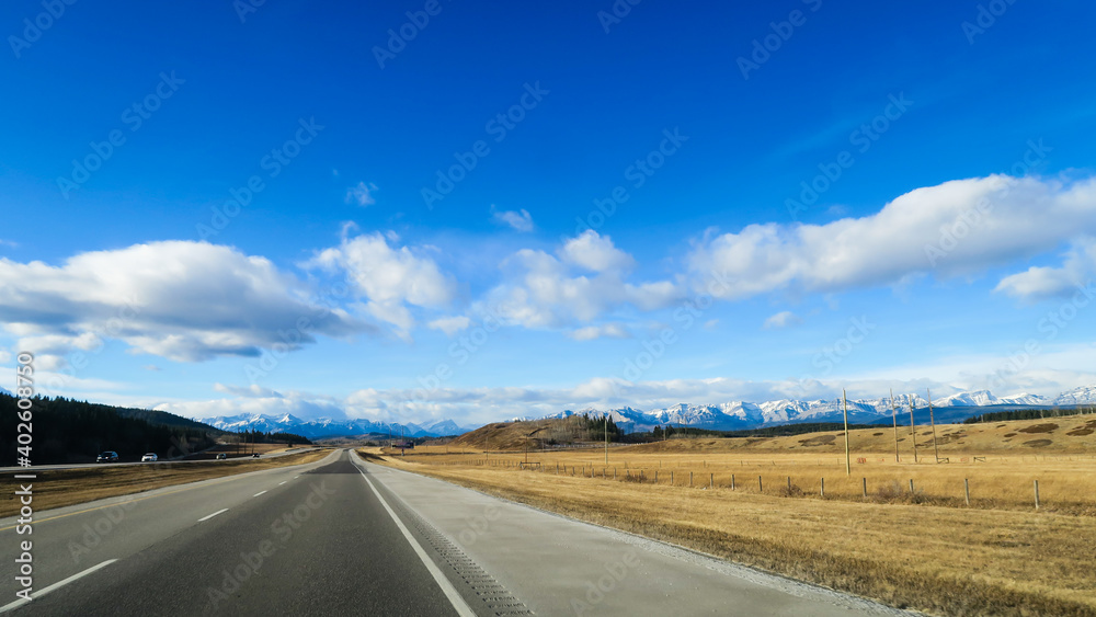 Canadian Rockies, Canada - november 2020 : scenic road view with the Canadian Rockies in the background