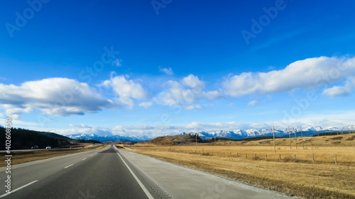 Canadian Rockies, Canada - november 2020 : scenic road view with the Canadian Rockies in the background