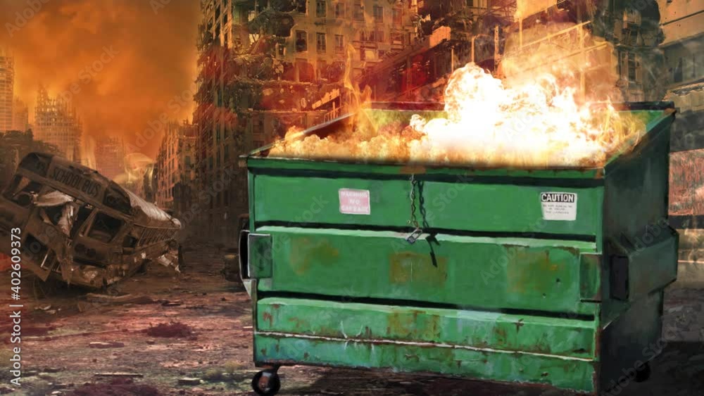 Dumpster Fire Society in Crises 4K Loop features a dumpster with fire coming out the top with a burnt-out city in the background in a loop