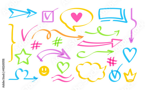 Arrow and speech bubble highlighter design element set. Sign bright hand drawn collection different icon. Business cross, check mark. Shapes objects vector illustration