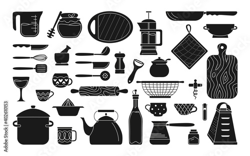 Cookware kitchen tools black glyph set. Baking tools cartoon doodle dishes, equipments. Monochrome kitchen utensils collection. Food preparation Vector illustration on white