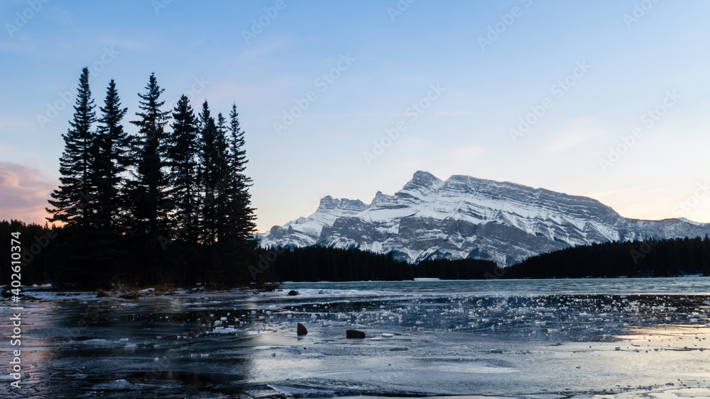 Winter view of Two Jack Lake, in the Banff national park, Canada