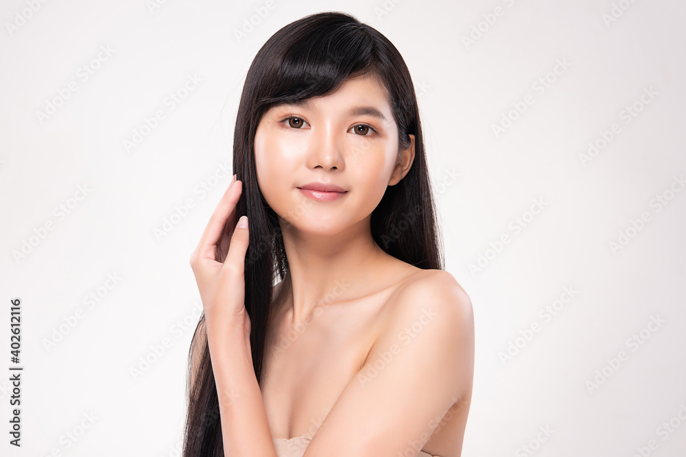 Beautiful Young asian Woman with Clean Fresh Skin, on Pink background, Face care, Facial treatment. Cosmetology, beauty and spa. Asian women portrait Beautiful Young asian Woman with Clean Fresh Skin, on Pink background, Face care, Facial treatment. Cosmetology, beauty and spa. Asian women portrait