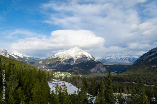 View of Banff Springs Hotel and Bow River as seen from the summit of Sulphur mountain, Canada
