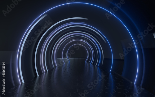 Dark tunnel with neon glowing lines, 3d rendering.