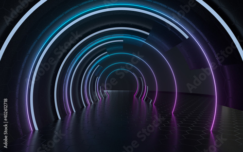 Dark tunnel with neon glowing lines, 3d rendering.