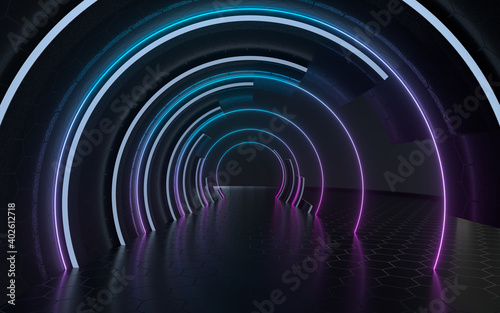 Fototapeta Naklejka Na Ścianę i Meble -  Dark tunnel with neon glowing lines, 3d rendering.