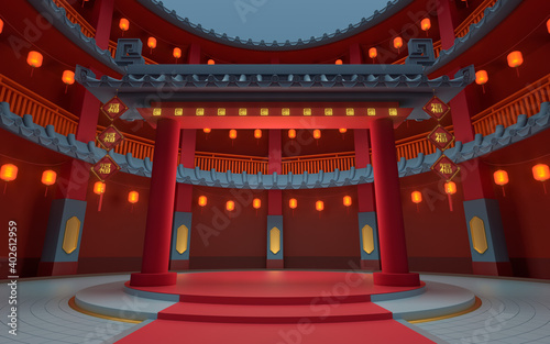 Round stage in the ancient round house, Chinese classical round house, 3d rendering. Translation: blessing.