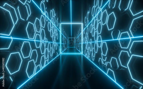 Fototapeta Naklejka Na Ścianę i Meble -  Dark tunnel with glowing neon lines, 3d rendering.