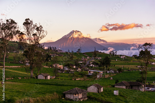 Tungurahua volcano , sunset over the mountains