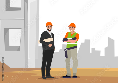 Engineering and construction workers standing together vector illustration. Construction team site plans. Architects and builders standing in safety helmets at construction site.