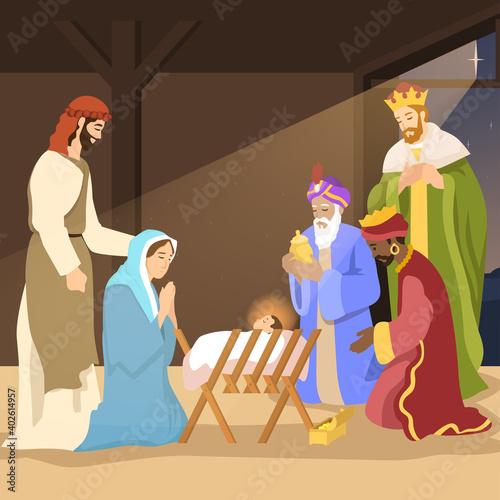 Christmas card in retro style with three kings bringing gifts to Jesus. Vector illustration in cartoon style.