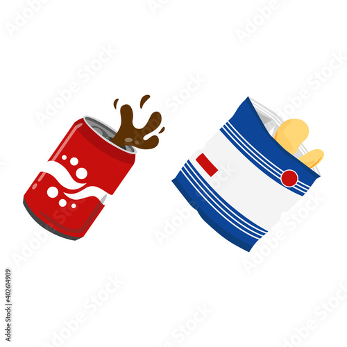Splashing soda can and bag of chips flat vector icon. isolated on white background