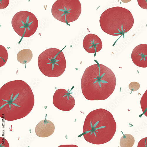 Seamless texture of tomatoes. Hand drawn sketch painting on simple background. 
