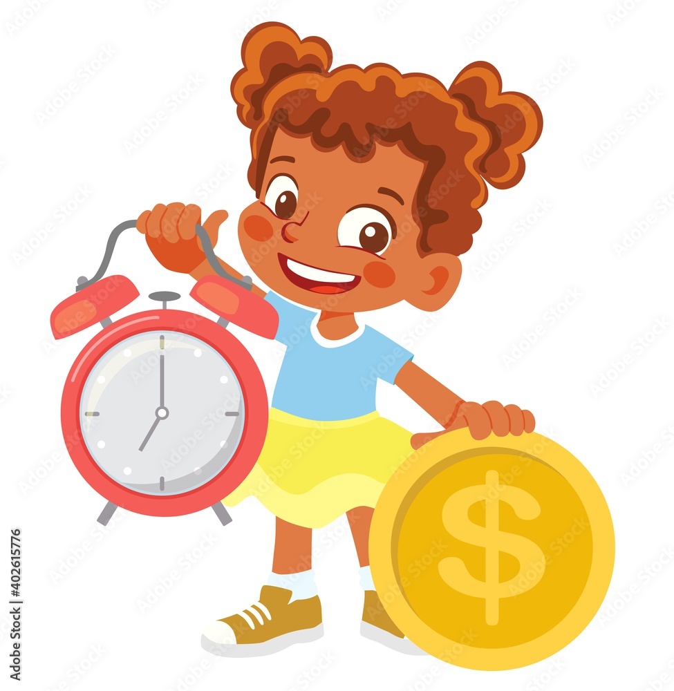 African American Girl holding watch and money African American Girl holding watch and money