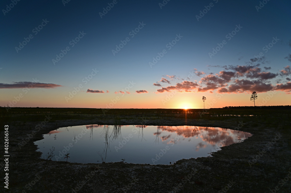 Colorful sunset over Everglades National Park, Florida reflected in tranquil water of solution hole in Hole-in-the-Donut habitat restoration area.