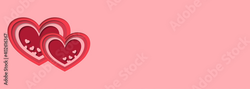 Valantine's day horizontal banner with different shades of red hearts with paper cutout effect