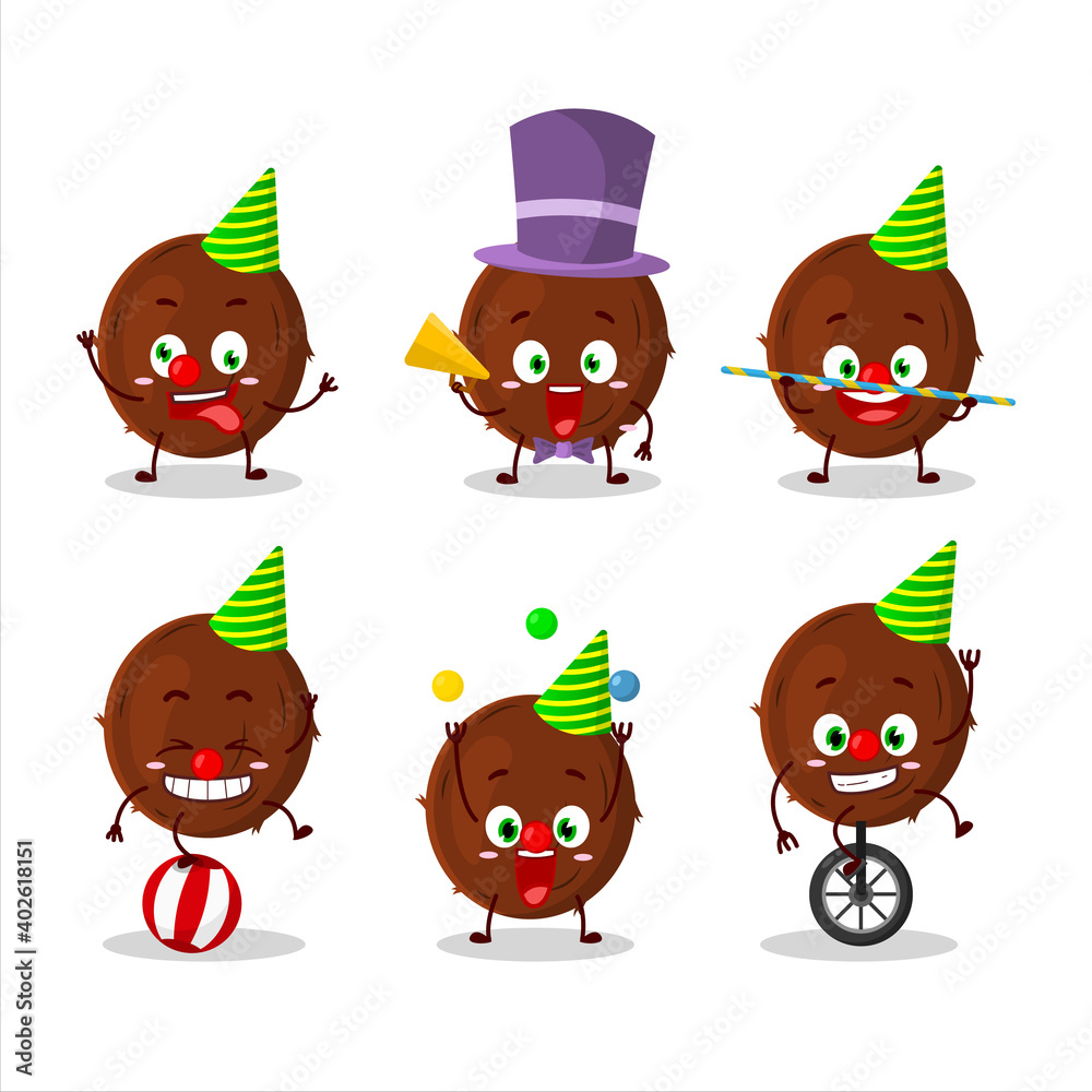 Cartoon character of coconut with various circus shows Cartoon character of coconut with various circus shows