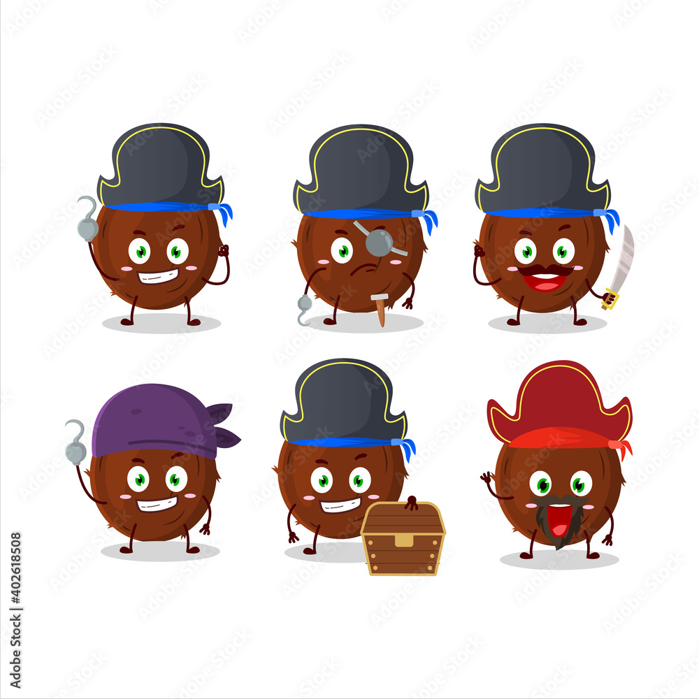 Cartoon character of coconut with various pirates emoticons Cartoon character of coconut with various pirates emoticons