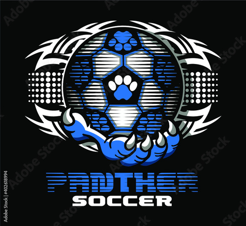 tribal panther soccer team design with mascot claw holding ball for school, college or league
