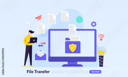file transfer concept, sharing files between devices with folders on screen and transferred documents, Backup files, flat icon,suitable for web landing page, banner, vector template
