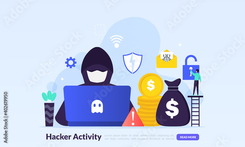 Hacker activity concept, security hacking, online theft, criminals, burglars wearing black masks, stealing personal information from computer, flat icon,suitable for web landing page, banner, vector t