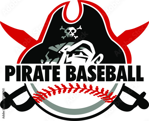 pirate baseball team design with half mascot and ball for school, college or league