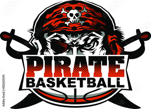 pirate basketball team design with half mascot and ball for school, college or league