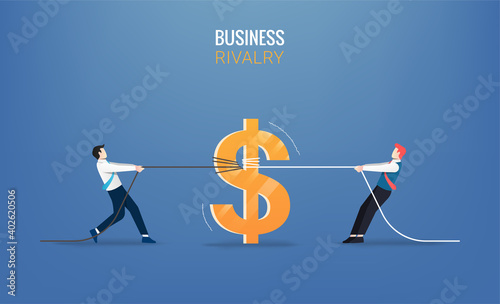 Businessmen pull the rope with money icon. Business rivalry vector illustration