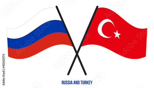 Russia and Turkey Flags Crossed And Waving Flat Style. Official Proportion. Correct Colors.