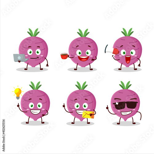 Garlic cartoon character with various types of business emoticons