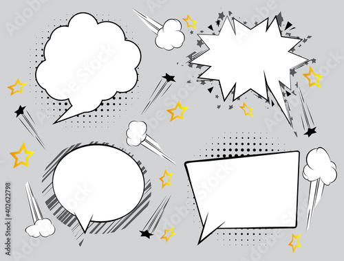 Retro empty blank comic bubbles and elements set. Collection of comic book speech bubbles. Vector Illustration and graphic elements.