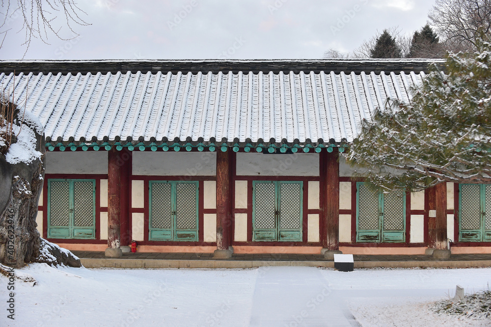 The snowy winter scenery of the Jeonju Local Confucian School in Jeonju, Jeollabuk-do, South Korea. Photographed on January 1. 2021. The snowy winter scenery of the Jeonju Local Confucian School in Jeonju, Jeollabuk-do, South Korea. Photographed on January 1. 2021.