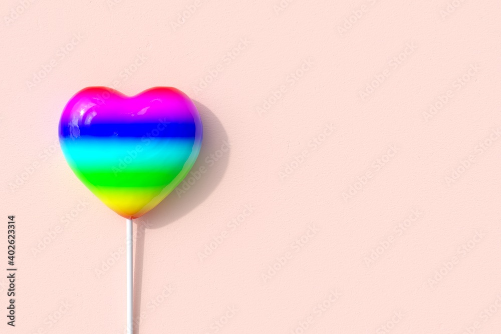 Outstanding Colorful color Heart Shape of Candy lollipop on pink background. 3D Render. Minimal Valentine Concept Idea.
