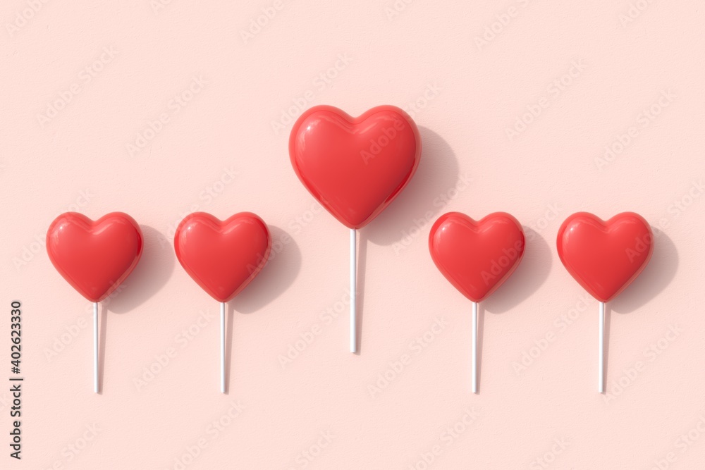 Outstanding Red Heart Shapes of Candy lollipop on pink background. 3D Render. Minimal Valentine Concept Idea.