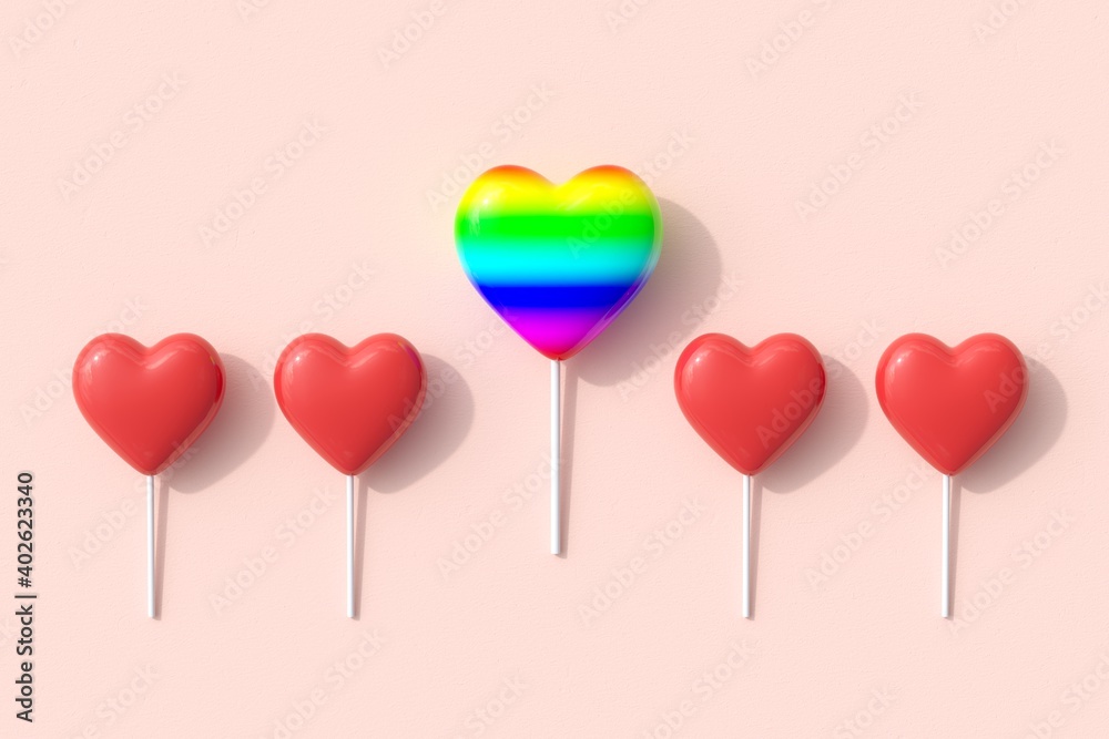 Outstanding Colorful color Heart Shapes of Candy lollipop on pink background. 3D Render. Minimal Valentine Concept Idea.