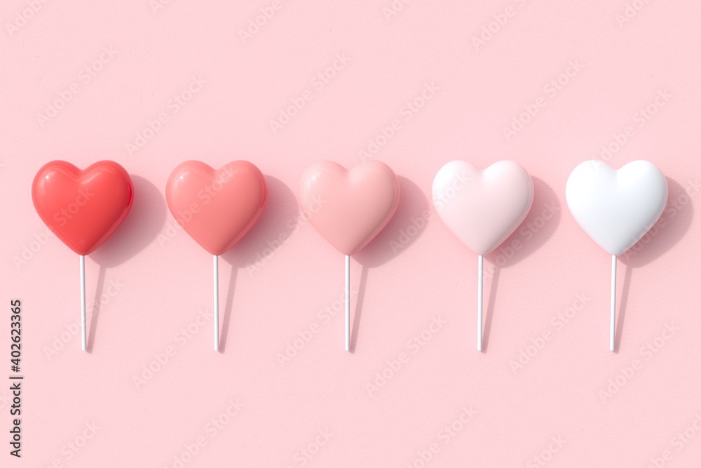 Monochrome Red Color tone of Heart Shapes Candy concept idea on pink background. 3D Render. Valentine Concept Idea.